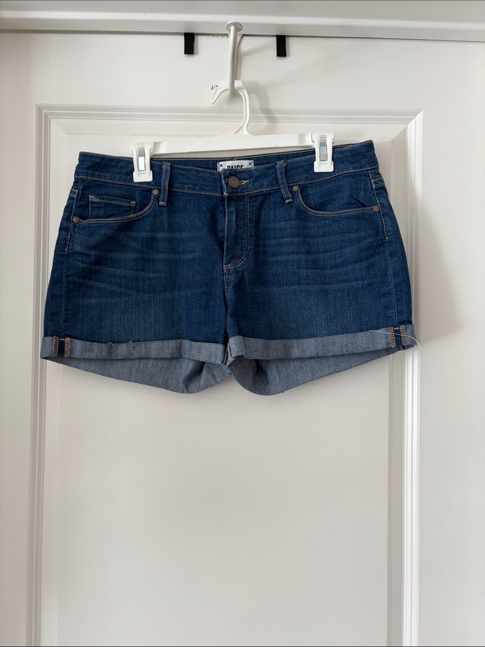 PAIGE Dark Blue Rolled Cuff Denim Shorts